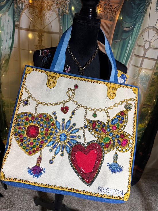 Brighton Handbags - Brighton White Canvas Tote with Blue Trim and Multicolor Jewel Love Motif